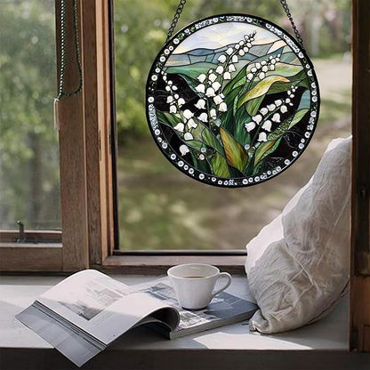 Stained Glass Window Hanging - Elegant White Lily of The Valley Flowers Suncatcher for Doors Garden Terrace Green Sun Catchers Decor Mother's Day Birthday Gifts for Women Men Mom 15 in