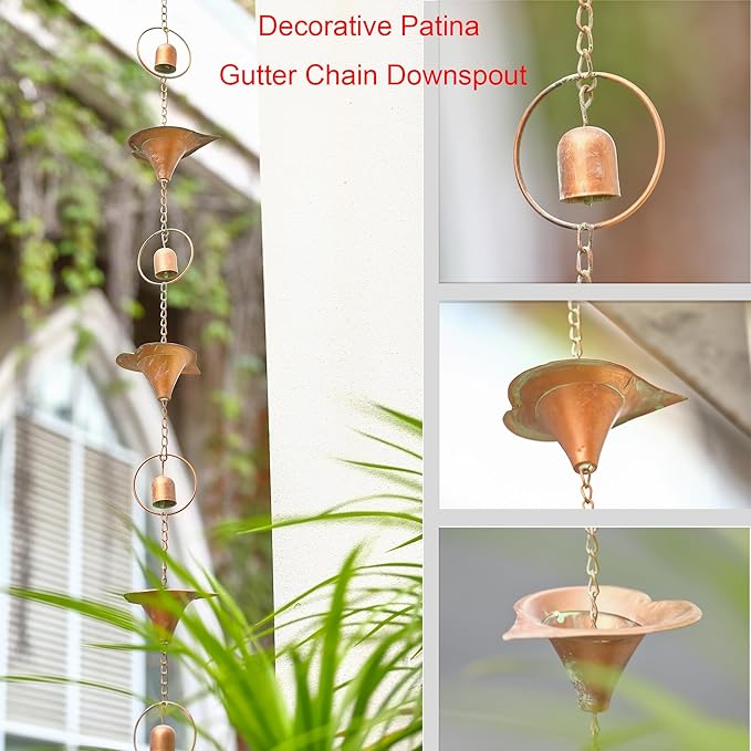 Metal Calla Lilies and Bells Rain Chain for Outside, Functional and Decorative Replacement Downspout Chain for Heavy Rain, Rain Catcher Chain for Gutters, 8.5FT, Patina Golden