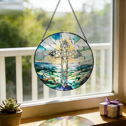 Sun Catcher Stained Glass Window Hanging 8 inch Green Cross Suncatcher Wall Art Home Decor Sun Catchers Decoration for Garden Home Housewarming Gifts