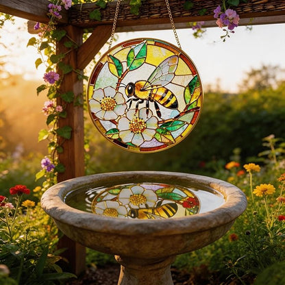 LITIVY Stained Glass Window Hanging, Spring Bees & White Dog Rose Suncatcher – Mother’s Day Memorial Gift, Handmade Glass Panel 8 Inch, Whimsical Garden Suncatchers & Rainbow Maker for Women