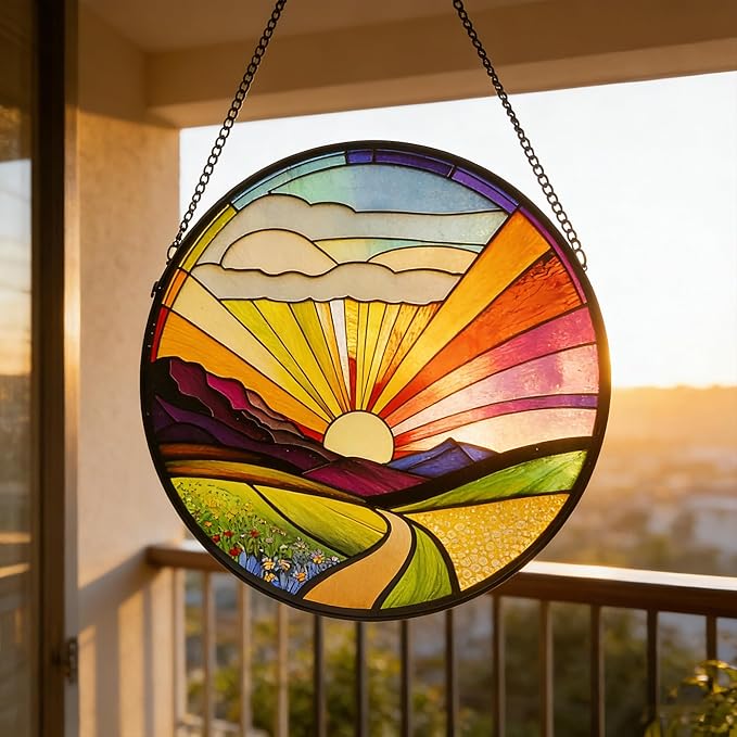Stained Glass Window Hanging, 9.8 Inch Vibrant Sunrise Landscape Suncatcher Decor Colorful Pastoral Sun Catcher for Windows Home, Garden, Porch Decor