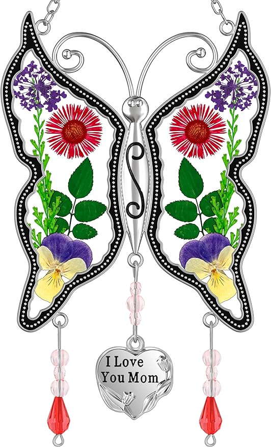KY&BOSAM Butterfly Suncatcher Stained Glass Suncathers for Windows Hangings Wind Chime with Real Flower Wings and Meatl I Love You Mom Heart Charm for Mom Birthday Christmas Decor