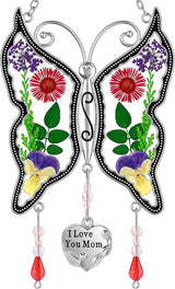 KY&BOSAM Butterfly Suncatcher Stained Glass Suncathers for Windows Hangings Wind Chime with Real Flower Wings and Meatl I Love You Mom Heart Charm for Mom Birthday Christmas Decor