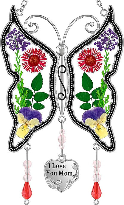 KY&BOSAM Butterfly Suncatcher Stained Glass Suncathers for Windows Hangings Wind Chime with Real Flower Wings and Meatl I Love You Mom Heart Charm for Mom Birthday Christmas Decor
