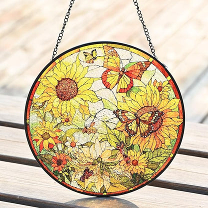 Sunflower Suncatcher Stained Glass- Sunflower Gifts for Women, Stained Glass Window Hanging, 7.87inch Handmade Stained Glass Hanging Decor for Valentine's Day Mother's Day Ornaments Festival Gift