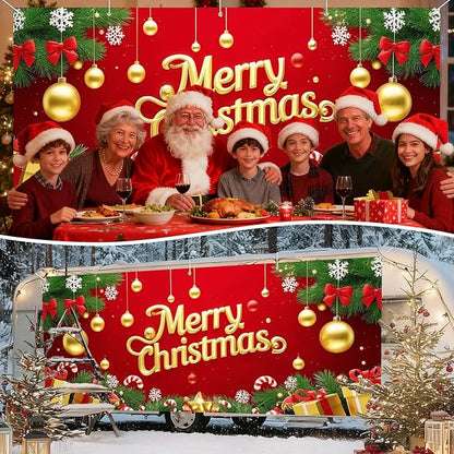 IVN Merry Christmas Happy New Year Garage Door Banner 13x6 ft Christmas Garage Door Cover Wnter Scene Background Indoor Outdoor Red Gold Snowflake Candy Cane Ornaments Gift Boxes Holiday Decorations for Home and Events Wall Backdrop Decor