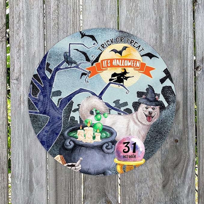 Retro Metal Sign 12"x12",Happy Halloween Scary Night Grave Witch Bats Trick Or Treat Dog Aluminum Tin Metal Sign for Home Living Room Bedroom Garden Farm Patio Decor Wall Art Poster