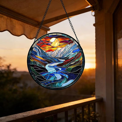 Stained Glass Window Hanging, Canyon Mountains Sunset View Sun Catcher for Window Home Decor Landscape Suncatcher Mother's Day Birthday Gifts for Women Men Mom and Nana 11.8 in