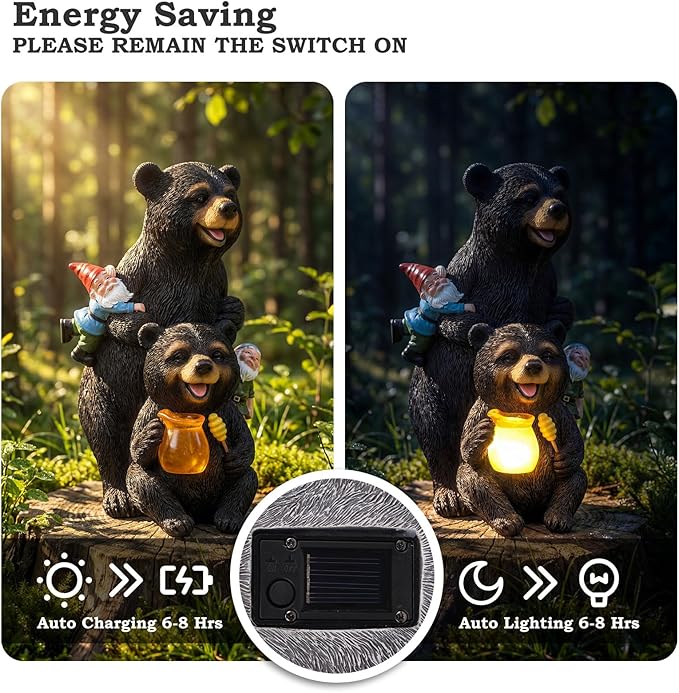 PETAFLOP Solar Garden Statues Bear Decor, Bear Statue with Glowing Honey Jar and Gnomes for Patio Balcony Lawn Yard Decorations, Outdoor Birthday Housewarming Gifts for Women, Mom