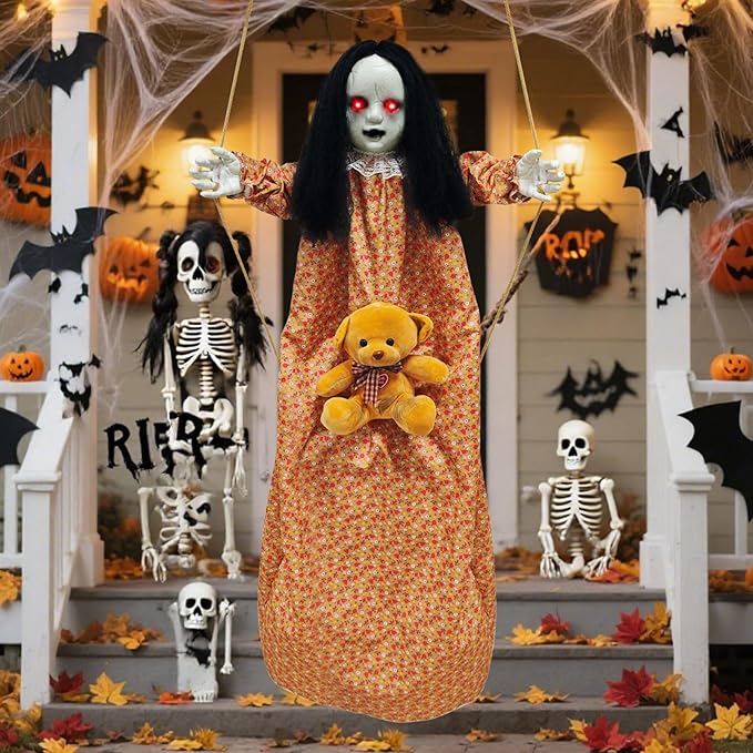 Outdoor Hanging Swinging Girl Halloween Decorations,Lighted Creepy Doll Halloween Dolls Scary Props for Garden Yard Lawn and Haunted House Decorations