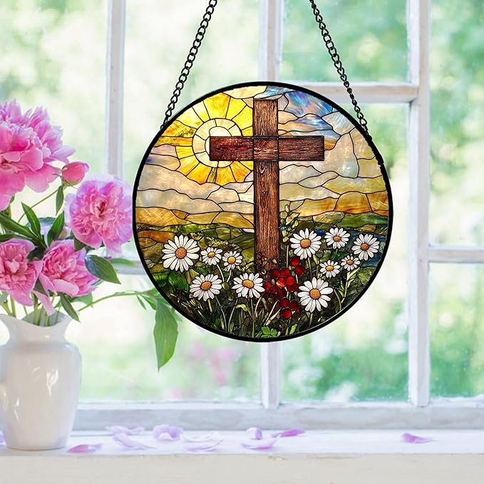 DASTOLL Christian Gifts for Women - Cross Stained Glass Window Hanging Easter Golden Sun Daisy Floral Sun Catcher Garden Religion Decor Mother's Day Catholic Gift for Men Grandma Nana Her 7.8"