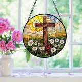 DASTOLL Christian Gifts for Women - Cross Stained Glass Window Hanging Easter Golden Sun Daisy Floral Sun Catcher Garden Religion Decor Mother's Day Catholic Gift for Men Grandma Nana Her 7.8"