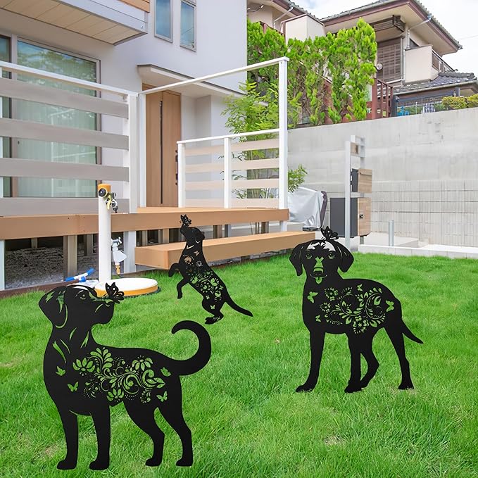 Romart Labrador Decorative Garden Stakes, Labrador Retriever Gifts for Dog Lovers, Metal Butterfly Floral Lab Dog Silhouette Yard Stakes for Outdoor Lawn Patio Art Decor