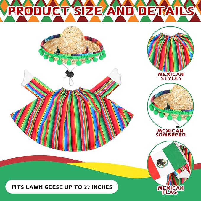 Abbylike 4 Pcs/set Mexican Porch Goose Outfits Cinco De Mayo Yard Goose Costume Clothes with Fiesta Sombrero Beard Flag Fit 23'' Cement for Mexican Fiesta Garden Patio Yard Statue Pathway Decoration
