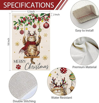 Heyfibro Merry Christmas Cute Cat Swing Garden Flag 12x18 Inch Double Sided Burlap, Retro Christmas Ball Snowflake Yard Banner for Winter Holiday Xmas Seasonal Outdoor Decoration(ONLY FLAG)