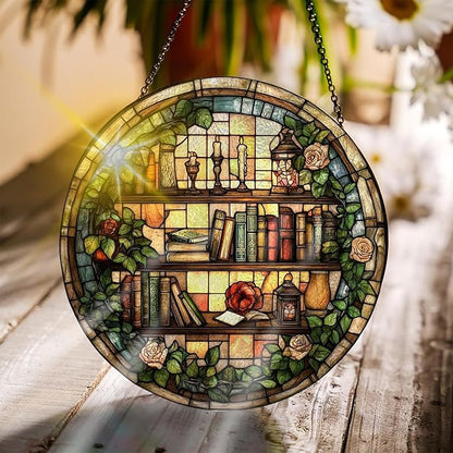 Bimkole Book Stained Glass Suncatcher Window Hanging - Flowers Indoor Window or Doorway Decoration - Handmade Sun Catcher Decor for Garden Home Christmas & Birthday Gifts 7.87x7.87 Inch
