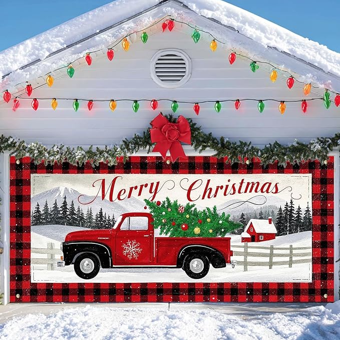 IVN Vintage Red Truck Christmas Tree Mountain Scene Garage door banner Door Cover Indoor And Outdoor Studio Background Hanging Decoration 13x6ft