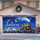 IVN Christmas Garage Door Cover Decoration 13x6ft Night Sky Train Sleigh and Stars Merry Christmas Garage Door Banner Home Door Front Yard Decor for Xmas Eve Holiday Outdoor