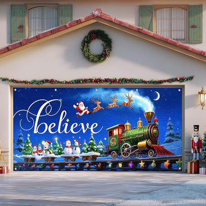 IVN Christmas Garage Door Cover Decoration 13x6ft Night Sky Train Sleigh and Stars Merry Christmas Garage Door Banner Home Door Front Yard Decor for Xmas Eve Holiday Outdoor