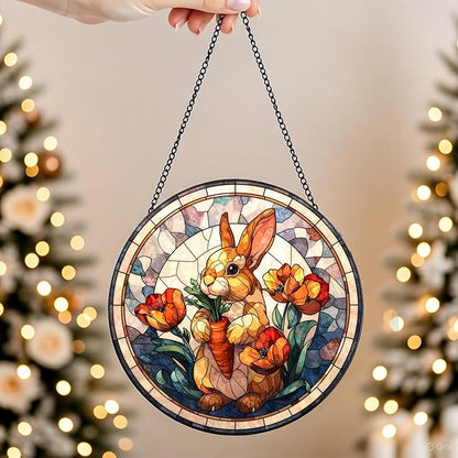 7.88'' Stained Glass Window Hanging, Colorful Rabbit Sun Catchers Glass Panel Flowers Bunny Suncatcher Decor with Hook Chain for Mother's Day Birthday for Women, Men, Wife, Aunt, and Mom