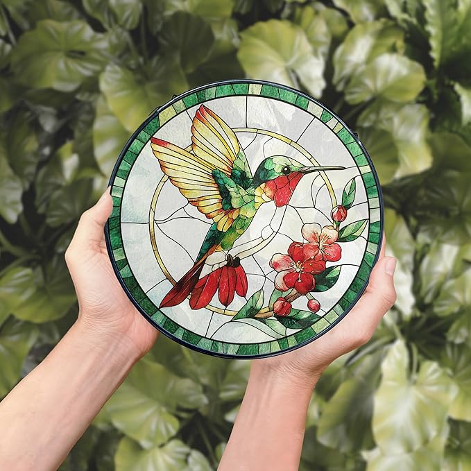 Hummingbird Stained Glass Window Hanging, Hummingbird Suncatcher, Bird Floral Sun Catchers Indoor Window Round Glass Wall Art Hanging Decorations, 7.9x7.9in