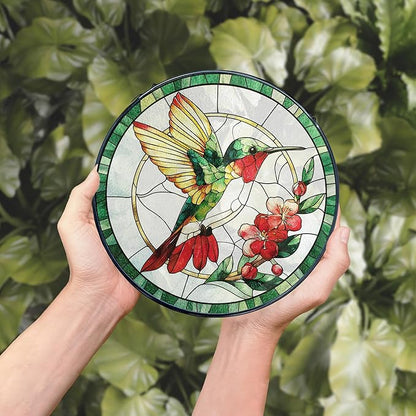 Hummingbird Stained Glass Window Hanging, Hummingbird Suncatcher, Bird Floral Sun Catchers Indoor Window Round Glass Wall Art Hanging Decorations, 7.9x7.9in