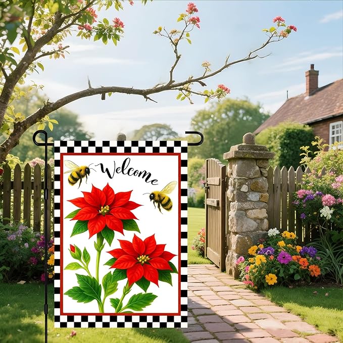 IVN Floral Welcome Garden Flag 12x18 Inch Double Sided Yard Flag Double Sided Bee Red Flowers Decorative Small Flags for Outside Seasonal Farmhouse Yard Outdoor Decoration Flags