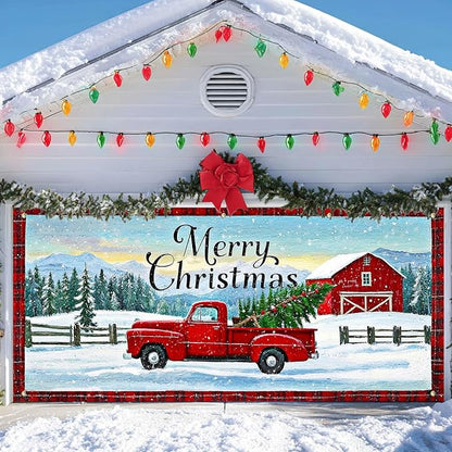 IVN Merry Christmas Garage Door Banner 13x6ft Festive Red Truck with Barn and Snowfield Photo Prop Background for Joyful Holiday Yard Door Cover Background Banner Outdoor Winter Scene