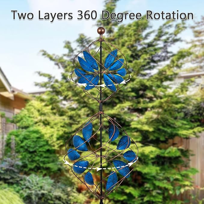 hogardeck Large Wind Spinner Outdoor, 85" Metal Kinetic Wind Spinner with Heavy-Duty Stakes, 360° Rotating Double-Layer Retro Yard Art for Home Outside Garden Lawn Backyard Patio Decor (Blue, Bronze)