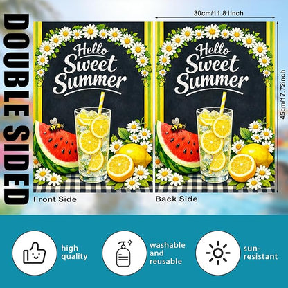 Nuxovilar Large Summer Garden Flag Hello Sweet Summer Lemon Watermelon Daisy Pattern Polyester 28×40 Inches Garden Flags for Outside Seasonal Decor Yard Porch Lawn