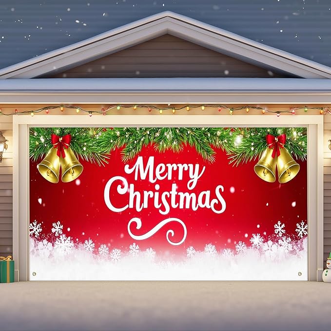 IVN Merry Christmas Happy New Year Garage Door Banner 13x6 ft Christmas Garage Door Cover Wnter Scene Background Indoor Outdoor Red Bells Bows Snowflake Pine Holiday Decorations for Home and Events Wall Backdrop Decor