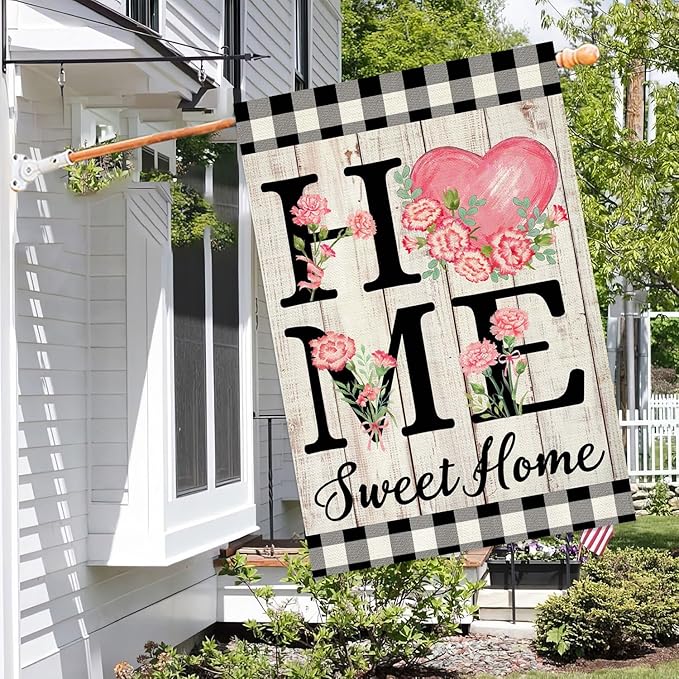 ORTIGIA Happy Mothers Day House Flag 28 x 40 Inch Double Sided Home Sweet Home Carnation Floral Flower Wedding Anniversary Yard Flag Summer Holiday Outdoor Outside Decoration (Large)