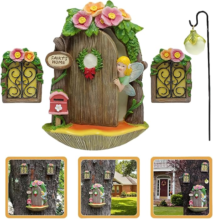 Fairy Garden Decor Fairy Door and Windows for Trees, Glow in The Dark Yard Sculpture Lawn Ornament Mini Garden Art Outdoor Decor Accessories with Lantern (Fairy Opening Door)