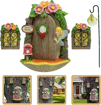 Fairy Garden Decor Fairy Door and Windows for Trees, Glow in The Dark Yard Sculpture Lawn Ornament Mini Garden Art Outdoor Decor Accessories with Lantern (Fairy Opening Door)