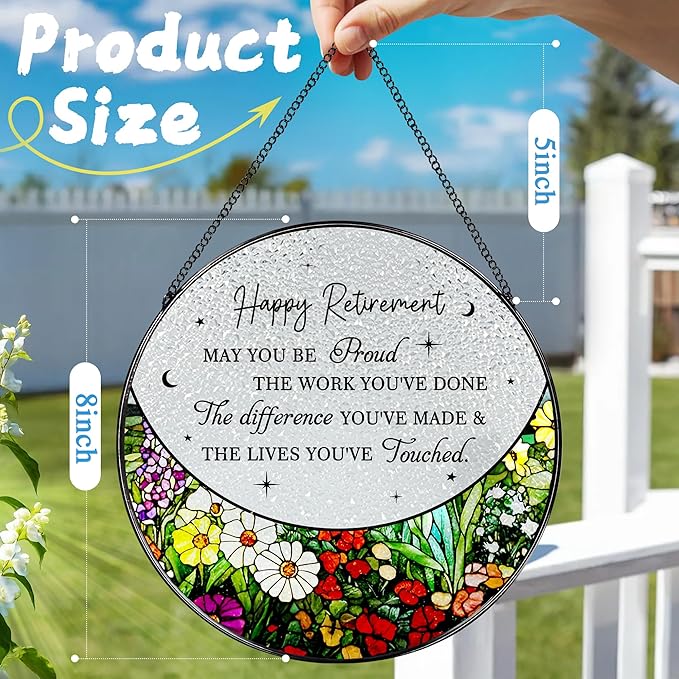 8” Stained Glass Suncatcher Ornament – Floral Retirement Window Hanging Decorations, Retirement Gifts & Retired Gifts for Women, Men, Friends, Coworkers, Teachers - Style A