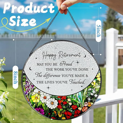 8” Stained Glass Suncatcher Ornament – Floral Retirement Window Hanging Decorations, Retirement Gifts & Retired Gifts for Women, Men, Friends, Coworkers, Teachers - Style A