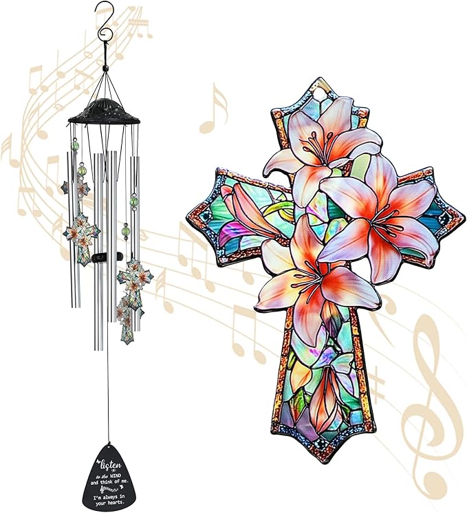 HDCRYSTALGIFTS 34'' Christian Gifts for Women Men, Memorial Wind Chimes for Outside, Religious Christian Sympathy Gifts for Loss of Loved One Mom Dad Friends Home Garden Decor (Cross)