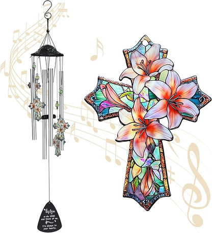 HDCRYSTALGIFTS 34'' Christian Gifts for Women Men, Memorial Wind Chimes for Outside, Religious Christian Sympathy Gifts for Loss of Loved One Mom Dad Friends Home Garden Decor (Cross)