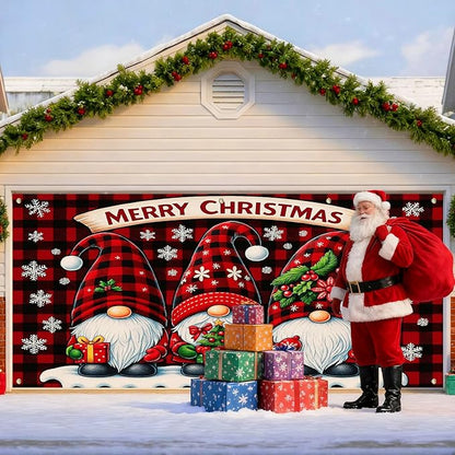 IVN Christmas Garage Door Cover Decoration 13x6ft Gnome Pattern Red Backdrop Gift Snowflakes and Stars Merry Christmas Garage Door Banner Home Door Front Yard Decor for Xmas Eve Holiday Outdoor