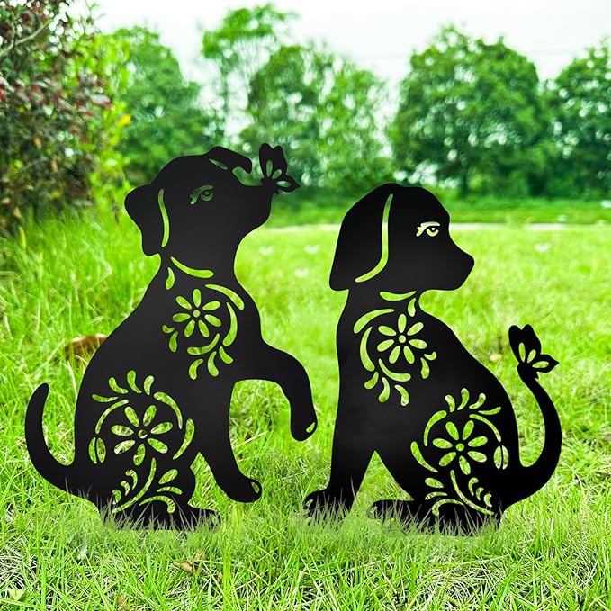 MrMrKura 2 Pack Metal Dog Stakes Garden Decor Stakes Black Dog Silhouette Statue for Outside Metal Dog Decorative Ornaments for Outdoor Garden Home Patio Yard Decor (2 Dogs)