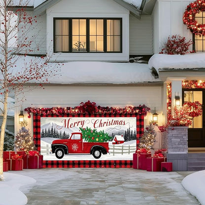 IVN Vintage Red Truck Christmas Tree Mountain Scene Garage door banner Door Cover Indoor And Outdoor Studio Background Hanging Decoration 13x6ft