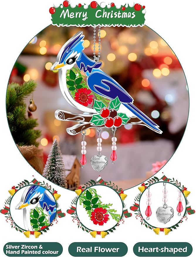KY&BOSAM Blue Bird Suncatcher I Love You Grandma Glass Sun Catchers for Window Hanging Wind Chime Ornament with Real Flower and Metal Charm Birthday Gifts for Women Mother`s Day Valentine’s Christmas