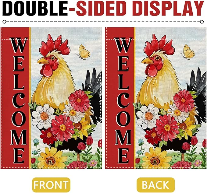 Dyrenson Welcome Spring Summer Rooster Decorative Garden Flag, Farm Animal Daisy Flower Red Yard Outside Home Decoration, Farmhouse Butterfly Burlap Outdoor Small Decor Double Sided 12 x 18