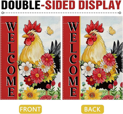 Dyrenson Welcome Spring Summer Rooster Decorative Garden Flag, Farm Animal Daisy Flower Red Yard Outside Home Decoration, Farmhouse Butterfly Burlap Outdoor Small Decor Double Sided 12 x 18