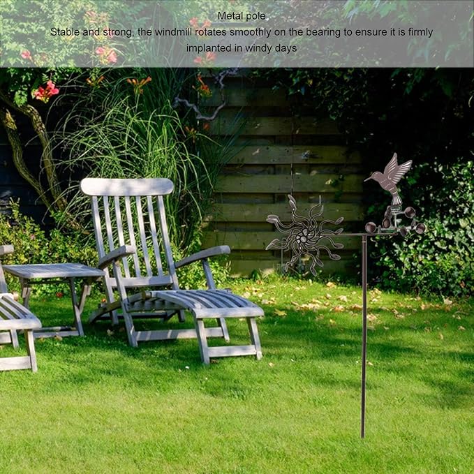 Hummingbird Iron Wind Spinner, Vintage Metal Windmill Sculpture, Outdoor Garden Lawn Ornament with Stable Rotation, Sturdy Premium Iron for Long Lasting Decor