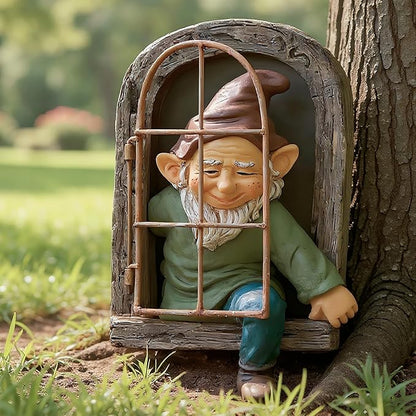 12" Real Gnome Tree Face Hugger Statue,Garden Decoration Climbing Decor Outdoor,Whimsical Fairy Door Tree Face Figurine Lawn Patio Decor,Funny Elves Peeker Sculpture Hanging Yard Art