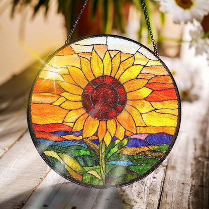 Bimkole Sunflower Stained Glass Suncatcher Window Hanging - Sunset Design for Indoor Window or Doorway Decoration - 7.87x7.87 inch with Chain and Hook - Unique Home Decor Gift