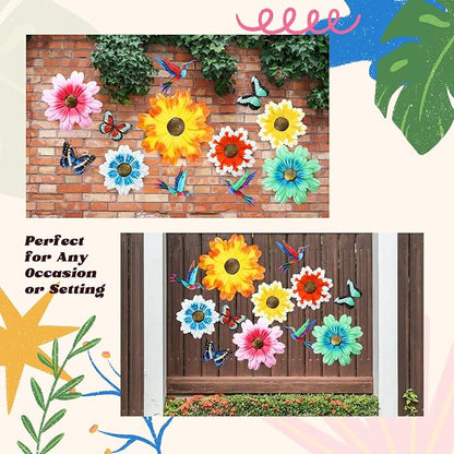 Colingmill 12 Pack Metal Flowers Butterfly Hummingbird Wall Art Decor 3D Metal Outdoor Wall Hanging Sculptures Decoration for Outdoor Garden Fence Yard Patio Indoor Living Room Balcony(Yellow)