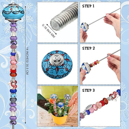 Silipull 255 Pcs 14 Inch Christmas Garden Stakes Decorative Blue and White Porcelain Ceramic Round Beaded Garden Stakes Decor Fairy Sticks for Indoor Outdoor Yard Lawn Pathway Patio Decoration