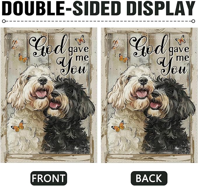 Dyrenson Vintage Labradoodle Dog Christian Decorative Garden Flag, Retro Religious God Gave Me You Yard Outside Home Decoration, Farmhouse Outdoor Small Decor Double Sided Pet Owner Lover Gift 12 x 18